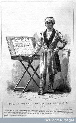 "Doctor Bokanky, street herbalist": a quack selling a cure for tooth-ache in London, anon. after a daguerrotype by Beard. Engraving circa 1851